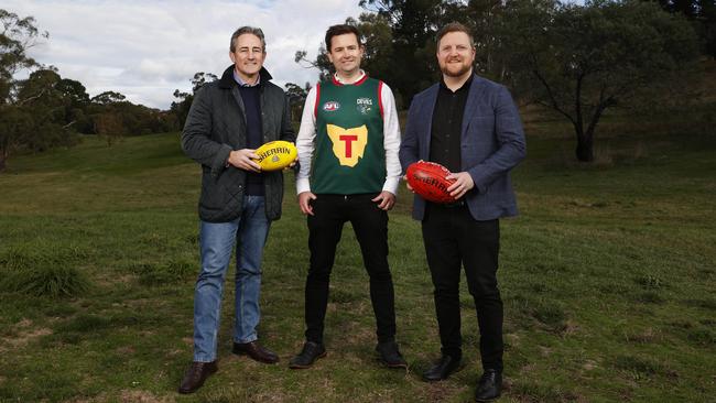 Brendan Blomeley mayor Clarence City Council, Dean Winter Labor leader, Luke Edmunds Labor member for Pembroke at the proposed site of the AFL High Performance Centre at the old Rosny Golf Course site. Picture: Nikki Davis-Jones