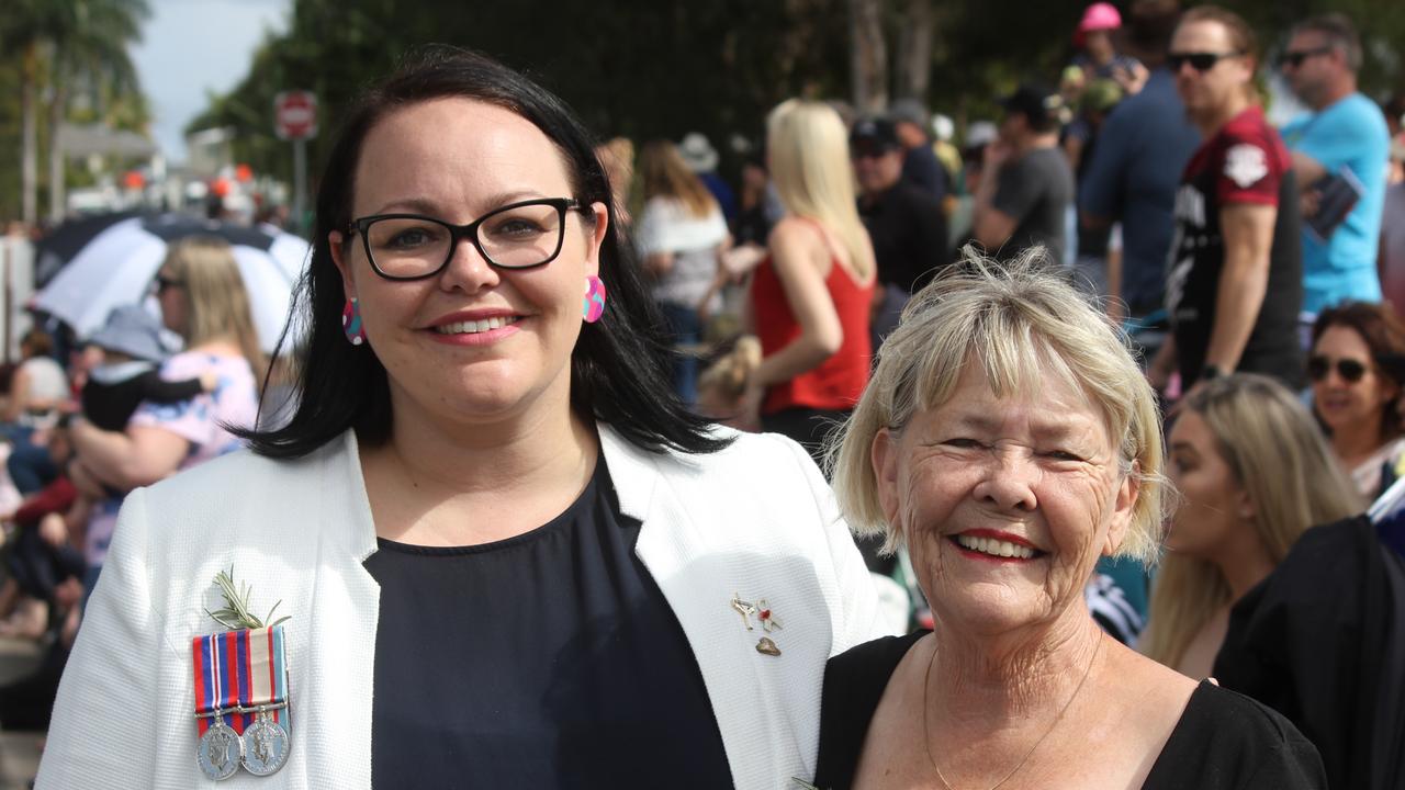 Jennifer Fonti (left) and Gail Kelly celebrate generations of family service to the nation at Cleveland's Anzac Day March 2019. Picture Andrea Macleod