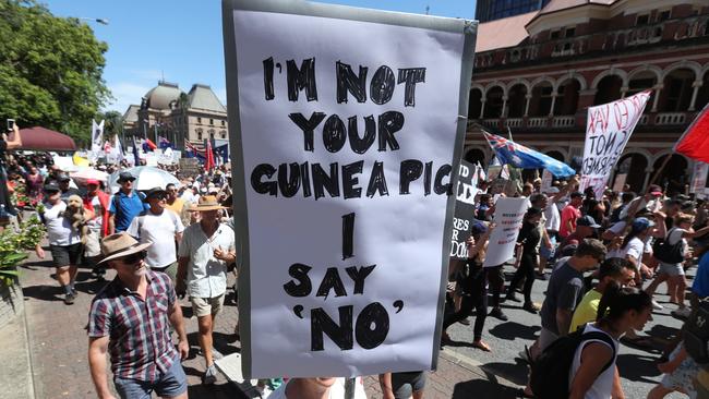 The Freedom Rally in the Brisbane CBD on Saturday. Picture: Annette Dew
