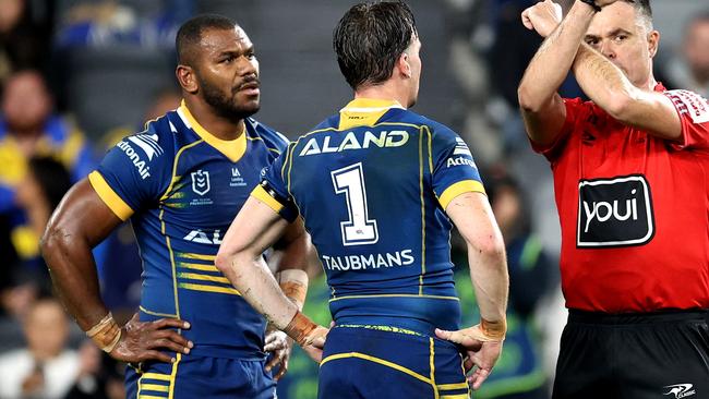 SYDNEY, AUSTRALIA - JULY 16: Maika Sivo of the Eels is placed on report by referee, Chris Butler during the round 20 NRL match between Parramatta Eels and Gold Coast Titans at CommBank Stadium on July 16, 2023 in Sydney, Australia. (Photo by Brendon Thorne/Getty Images)