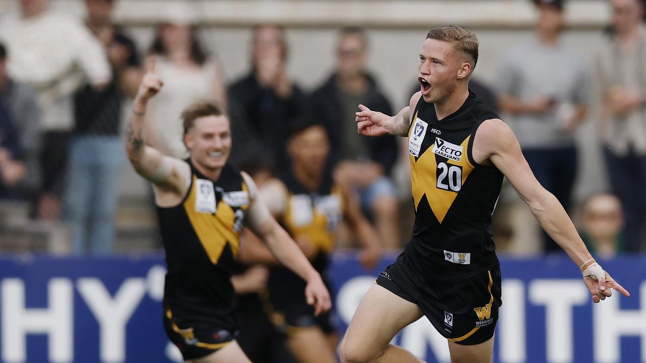 Flynn Young celebrates a goal for Werribee in the VFL grand final. Picture: Michael Klein