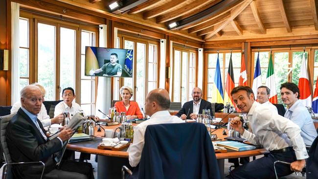 G7 leaders (L-R) US President Joe Biden, Japanese Prime Minister Fumio Kishida, European Commission President Ursula von der Leyen, German Chancellor Olaf Scholz, European Council President Charles Michel, French President Emmanuel Macron, Italian Prime Minister Mario Draghi, Canadian Prime Minister Justin Trudeau.