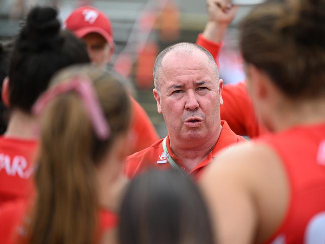 Swans coach Scott Gowans wants the AFL to scrap the condensed fixture for the AFLW. Picture: Steve Bell/AFL Photos/via Getty Images.