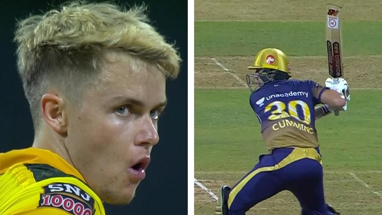 Pat Cummins launches Sam Curran for 30 runs off one over in the IPL.