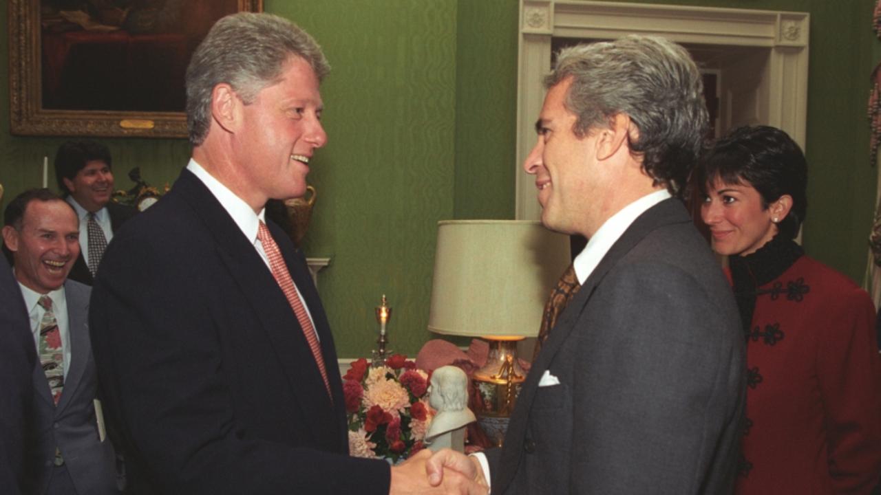 Ghislaine Maxwell watches as Jeffrey Epstein and (then-US President Bill Clinton shake hands. Picture: WILLIAM J. CLINTON PRESIDENTIAL LIBRARY