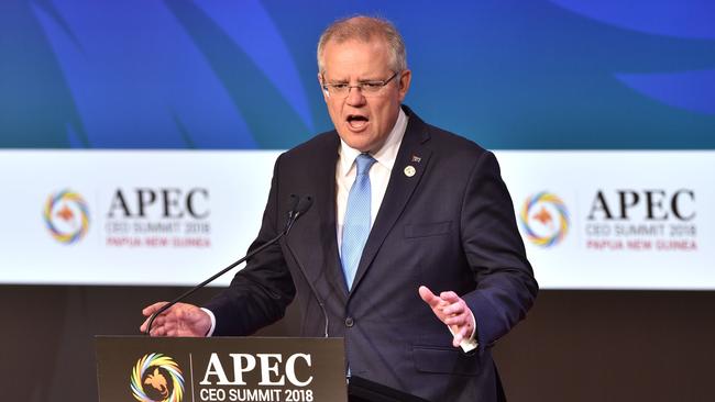 Australian Prime Minister Scott Morrison delivers his keynote speech at the APEC summit. Picture: AFP