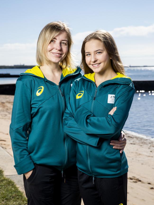 Rhythmic gymnast Lidiia Iakovleva (right) at Wynnum waterfront with coach and mother, Iuliia Iakovleva - Picture: Richard Walker