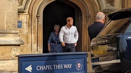 Prince Harry was spotted leaving St George's Chapel on Friday, the Queen's final resting place. Picture: amygiles0188/Twitter