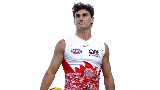 Sam Wicks in the Swans Marn Grook quernsey ahead of the match at the SCG against Carlton for Sir Doug Nicholls Round. Wicks has just signed a 3 year contract extension. Photo by Phil Hillyard (Image Supplied for Editorial Use only - NO ON SALES - copyright Phil Hillyard )