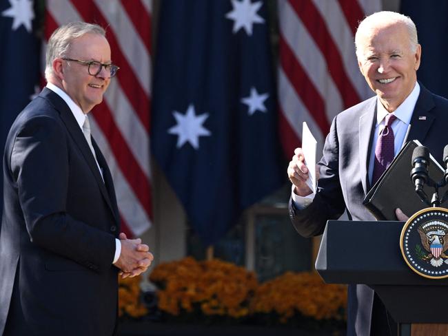 US President Joe Biden and Australia's Prime Minister Anthony Albanese leave a joint press conference at the Rose Garden of the White House in Washington, DC on October 25, 2023. (Photo by SAUL LOEB / AFP)