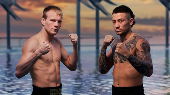 Liam Wilson (left) and Liam Paro are pictured at the Cairns Esplanade Lagoon ahead of their respective fights in the No Limits Boxing event on June 25, 2025. Picture: Brad Newton / No Limits Boxing.