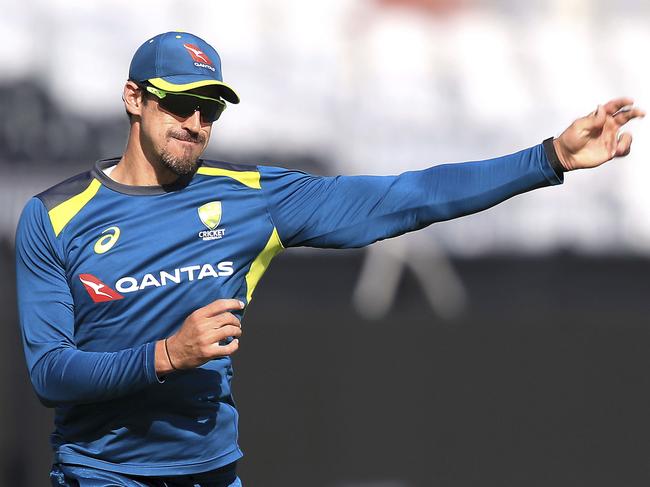 Australia's Mitchell Starc takes part in a nets session at Old Trafford, Manchester, England, Monday Sept. 2, 2019. The 4th Ashes Test cricket match between England and Australia will begin on Wednesday Sept. 4. (Simon Cooper/PA via AP)