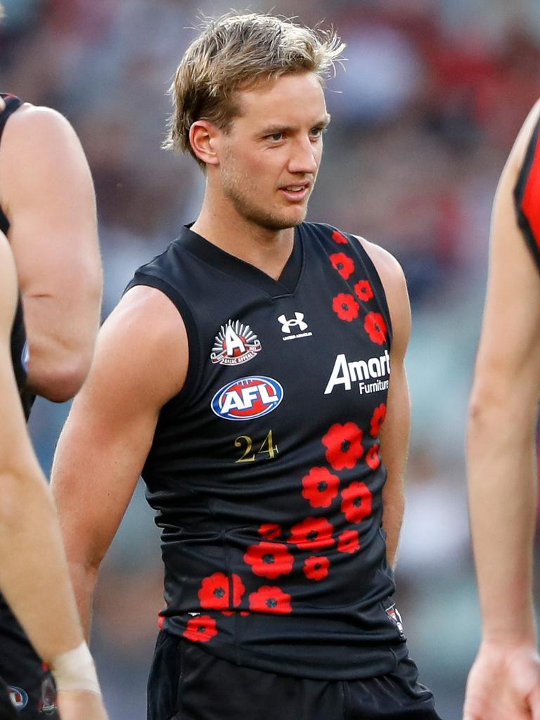 Darcy Parish had a serious case of leather poisoning. (Photo by Dylan Burns/AFL Photos via Getty Images)