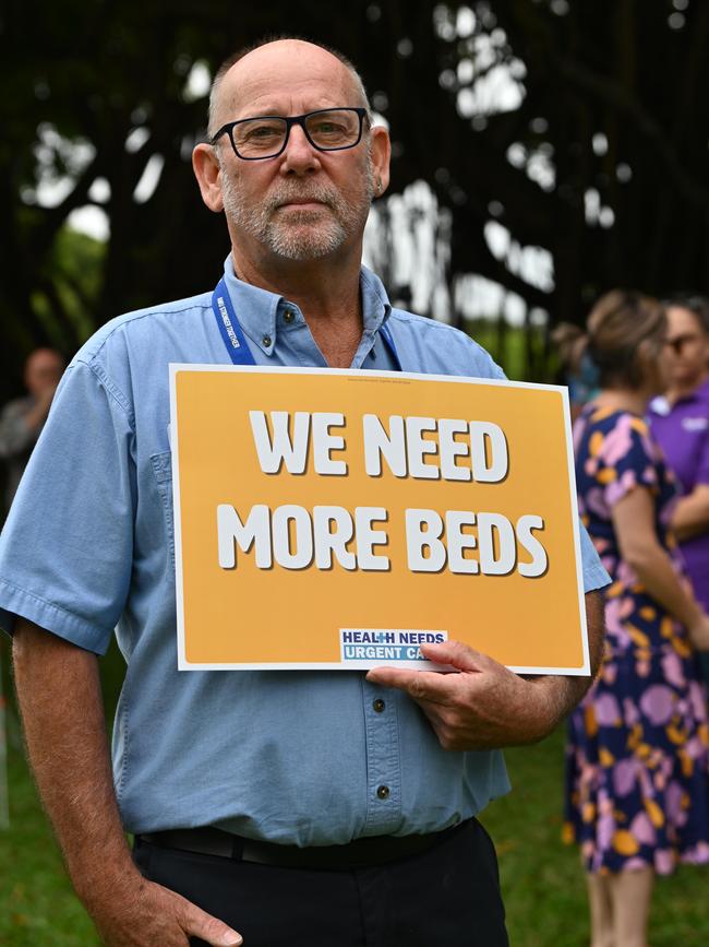 Wayne Costelloe at calling for more beds the Cairns healthcare worker’s rally outside Cairns Hospital. Picture: Emily Barker