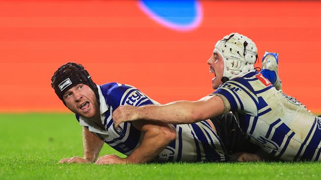 Matt Burton celebrates his try in the Bulldogs’ comeback win. (Photo by Mark Evans/Getty Images)