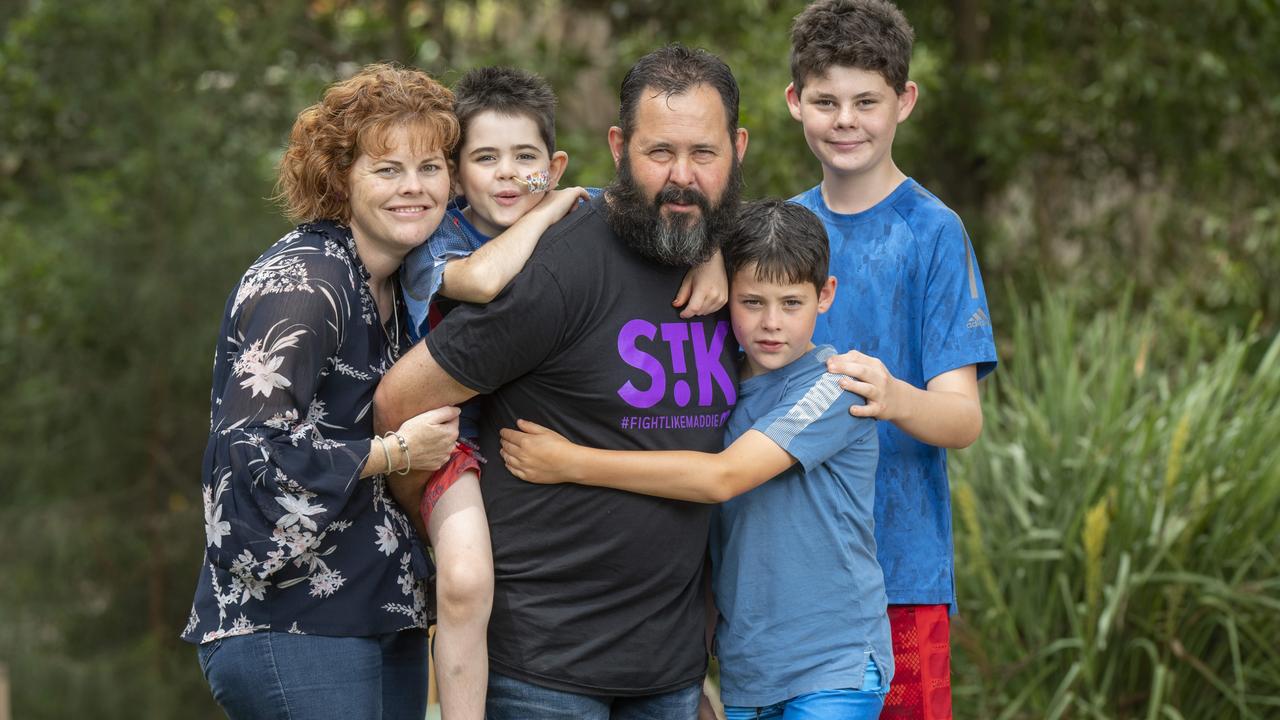 Liam Lund, 7, who has severe Aplastic Anaemia, with mother Vivienne, father Greg and brothers Brodie and Tyson. Liam is being helped by charity Maddie Riewoldt's Vision. Picture: Rob Leeson