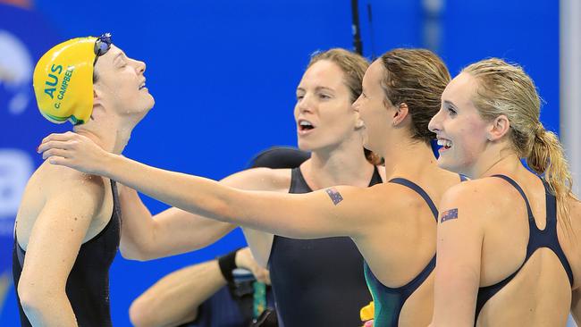 Cate Campbell, Emily Seebohm, Emma McKeon and Taylor McKeown after their relay silver. Picture: Alex Coppel.