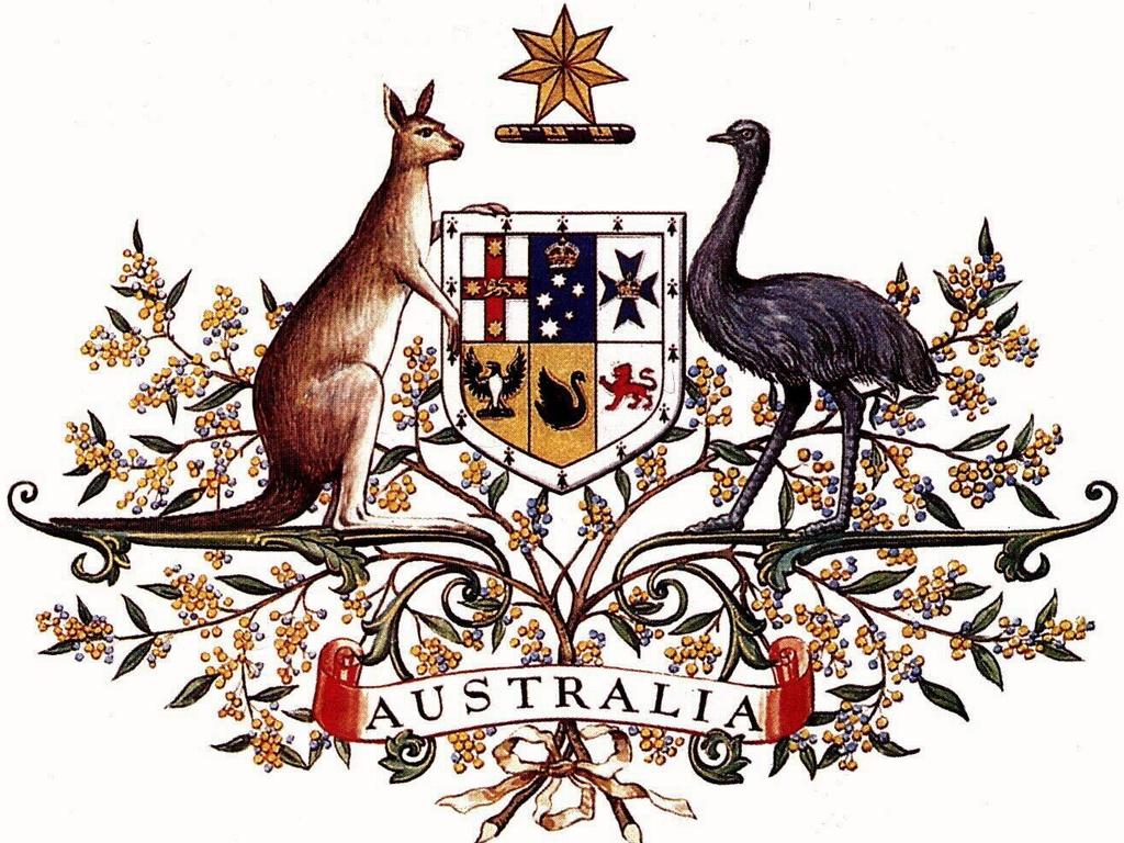 UNDATED : Australian Coat of Arms in undated image, featuring kangaroo (L) & emu. Animal / Bird Australia / Emblem / Logo / Political