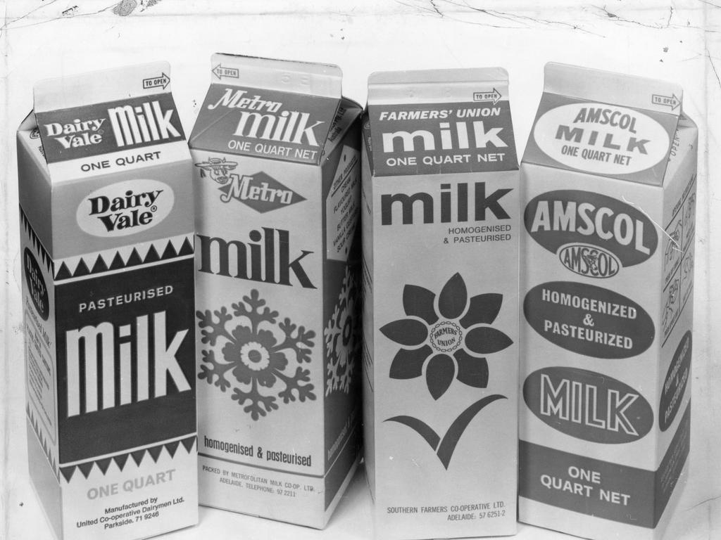 Quart cartons of milk - Dairy Vale, Metro Milk, Farmers' Union and Amscol. "Convenience is what consumers want and convenience is what they get with milk sold in cartons." Used "The Chronicle" 29 Aug 1969. (Pic by unidentified staff photographer)