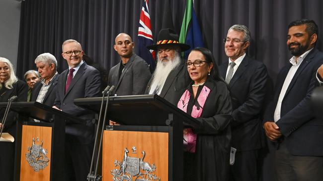 Anthony Albanese’s press conference with the Minister for Indigenous Australians, Linda Burney, the Attorney-General, Mark Dreyfus, Senator Malarndirri McCarthy, Senator Patrick Dodson, and members of the Referendum Working Group. Picture: NCA NewsWire / Martin Ollman