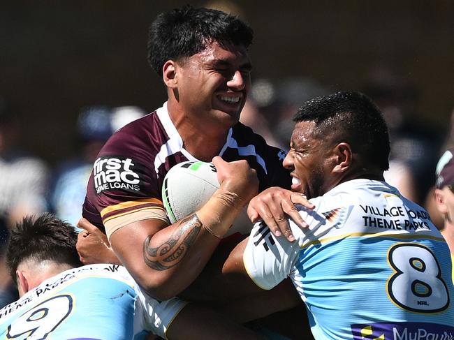 Ben Te Kura on the charge for the Broncos. Picture: Getty Images