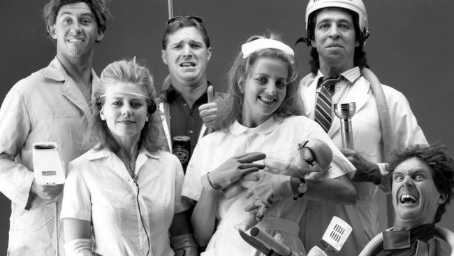 Cast of classic Australian spoof soap opera <i>Let the Blood Run Free</i>. From left: Peter Rowsthorn, Helen Knight, Mark Cutler, Jean Kitson, Brian Nankervis and David Swann.