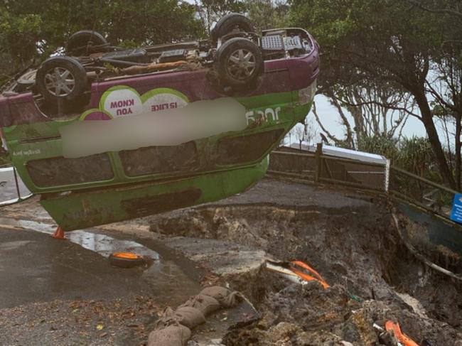 A campervan had to be craned out of a sinkhole at near Byron Bay. Picture: Johnnyro/Instagram