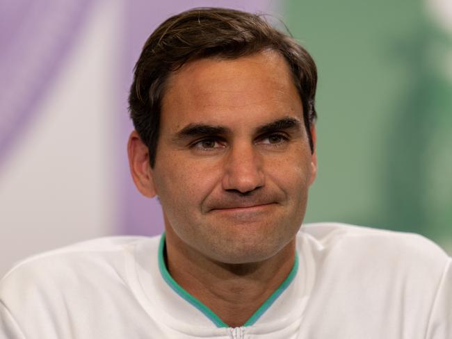 LONDON, ENGLAND - JULY 07: Roger Federer of Switzerland attends a press conference in the Main Interview Room court after losing his men's Singles Quarter Final match against Hubert Hurkacz of Poland on Day Nine of The Championships - Wimbledon 2021 at All England Lawn Tennis and Croquet Club on July 07, 2021 in London, England. (Photo by AELTC/Joe Toth - Pool/Getty Images)