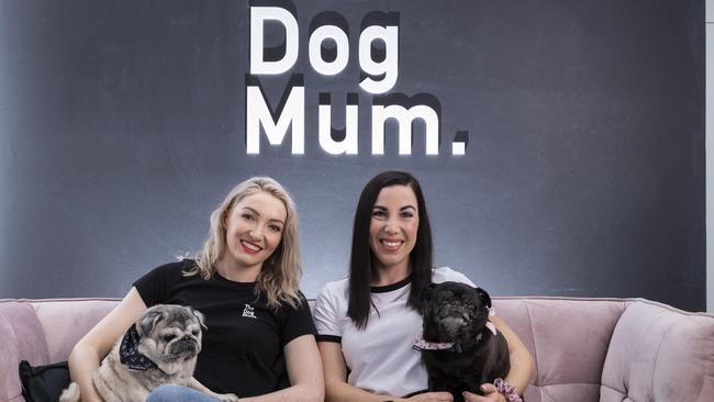 Motherpuppers Jasmin Robertson, with Niko, and Emma Karanges, with Frankie, created The Dog Mum, which caters for dog lovers as well as dogs. Picture: Mark Cranitch