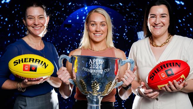 MELBOURNE, AUSTRALIA - NOVEMBER 06: Emma Moore, General Manager of AFLW, Erin Phillips, the 2024 AFLW Premiership Cup Ambassador and Laura Kane, AFL Executive General Manager of Football pose for a photo during the 2024 NAB AFLW Finals Series Launch Media Opportunity at Metart World on November 06, 2024 in Melbourne, Australia. (Photo by Dylan Burns/AFL Photos via Getty Images)