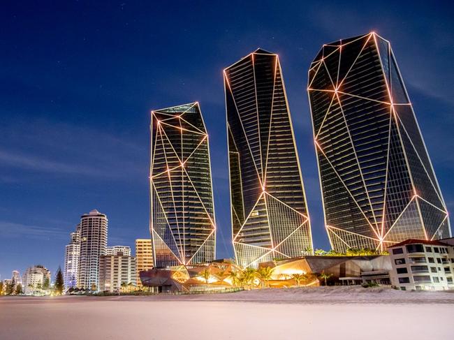 The Surfers Paradise Jewel towers lit up by Blue Star lighting specialists - in a $3m display project of 6000 individually programmed remote controlled lighting pixels. The shows will regularly light up the Glitter Strip skyline. Picture: LUKE MARSDEN PHOTO