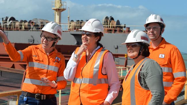 Annastacia Palaszczuk, second from left, with Mackay MP Julieanne Gilbert, right, at Queensland’s Hay Point Coal Terminal. Picture: Caitlan Charles