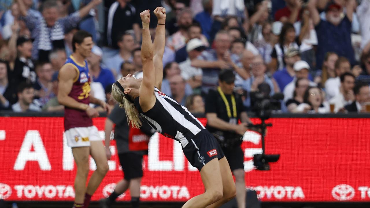 Darcy Moore of the Magpies is seen on the final siren of the 2023 AFL Grand Final.