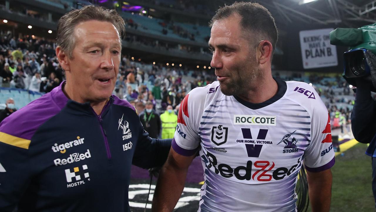 Craig Bellamy with Cameron Smith after winning last year’s NRL grand final. Picture: Getty Images