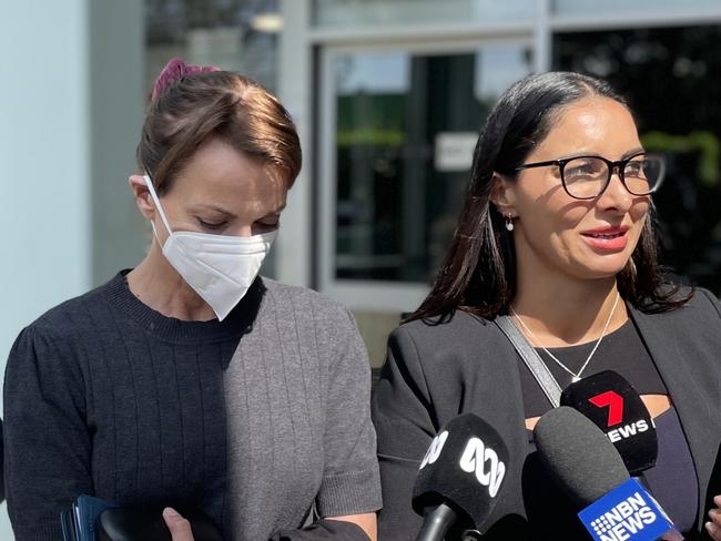 Kristie Merrett (left), 51, of Bellingen, outside Gosford Local Court, after being granted bail for dangerous driving occasioning the death of James Edds, 9, while under the influence. Picture: Richard Noone