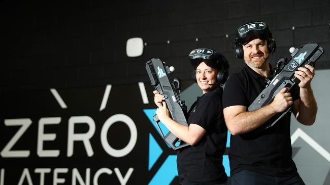 Zero Latency Geelong owners Alyce and Drew Bailey in the virtual reality arena. Picture: Alison Wynd