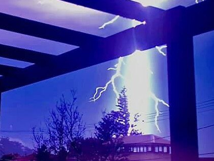 A multiple lightning strike is captured on a mobile phone camera by a volunteer with the Pittwater/Warringah SES as a powerful thunderstorm swept over Narrabeen on Tuesday night. Picture: SES Pittwater/Warringah