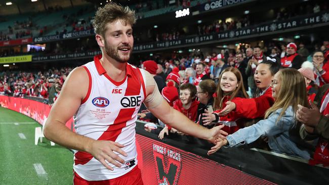Sydney's Alex Johnson celebrates the Swans’ win. Picture. Phil Hillyard