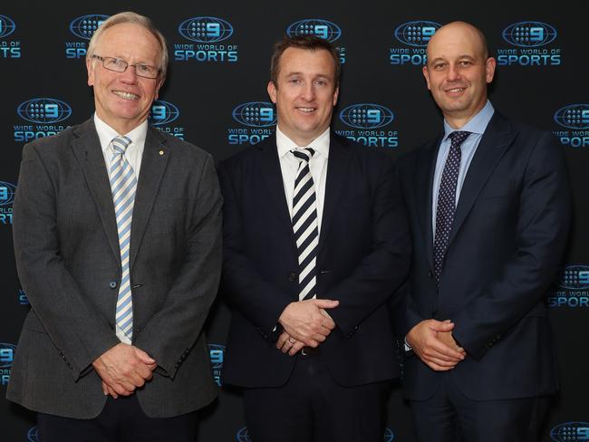 Nine head of sport Tom Malone (centre) with Peter Beattie and Todd Greenberg at the 2018 NRL launch.