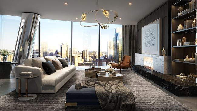 Renders of the apartment lounge and kitchen in the development at Barangaroo South, which sold off the plan for $140m. Picture: Supplied.