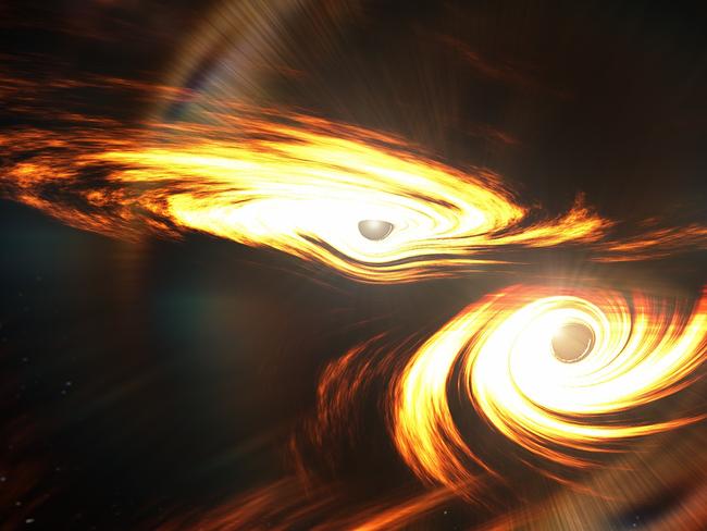 EMBARGOED 10 PM WEDNESDAY Caption:Artist’s impression of binary black holes about to collide. Image credit:Mark Myers, ARC Centre of Excellence for Gravitational Wave Discovery(OzGrav)