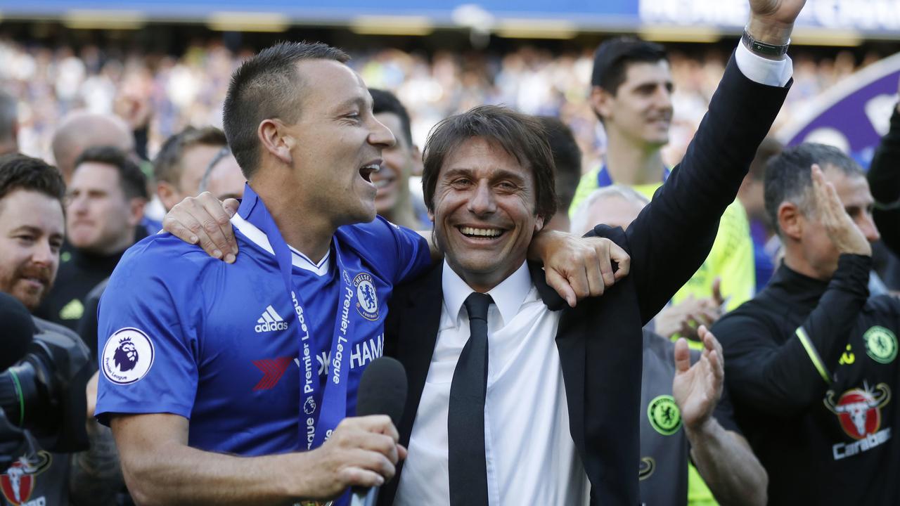 Chelsea manager Antonio Conte and captain John Terry celebrate winning the Premier League in 2017.