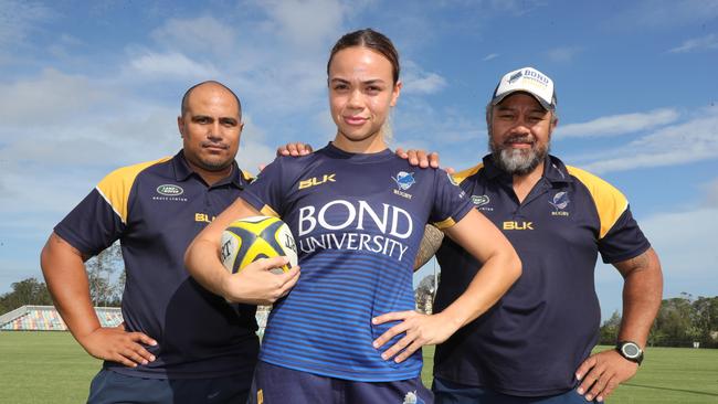 Bond University will field their first ever Women's XV in the Queensland Premier Rugby competition this year. Left to right coach Setu Naseri, Caity Costello 24, and coach Lawrence Faifua. Picture Glenn Hampson