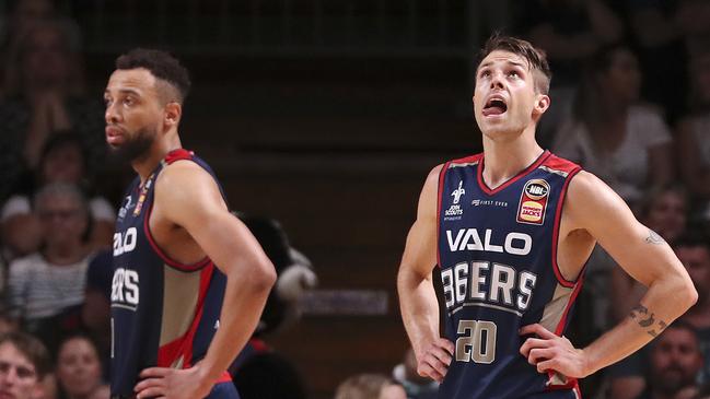 Demitrius Conger and Nathan Sobey ponder lost chances during a loss to Melbourne United. Picture SARAH REED