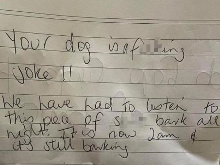 The letter, which was placed in the individual‘s mailbox, complained about the dog’s barking in the middle of the night.