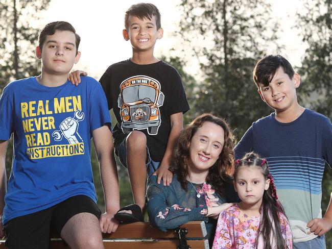 Pictured at their home at Oran Park in Sydney is single mum Leanne Pierce with her children James , Connor , Adam and Ava.Leanne, a nursing student ,is desperately saving for a home but finds Sydney's ballooning house prices to be out of reach. Ms Pierce said any subsidies to help her afford a home for her kids would be 
