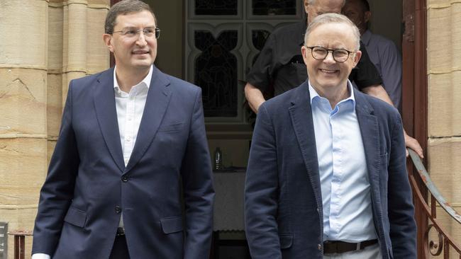 Liberal MP Julian Leeser and Prime Minister Anthony Albanese are campaigning together for a Voice, brining in more of the Coalition party room will be important if the referendum succeeds. Picture: NCA NewsWire / Monique Harmer