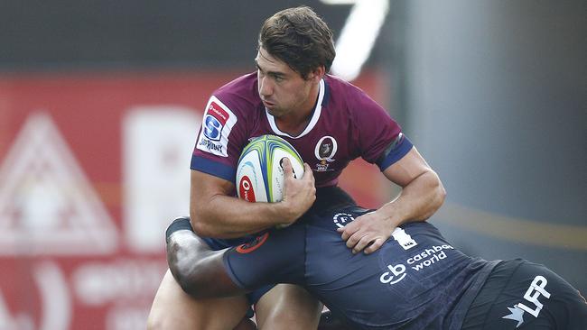 Sharks' Tendai Mtawarira tackles Queensland Reds' Jack Hardy during the Super 14 rugby union match Sharks vs Queensland Reds at the Kings Park rugby stadium in Durban, on 19 April 2019. (Photo by Anesh Debiky / AFP)