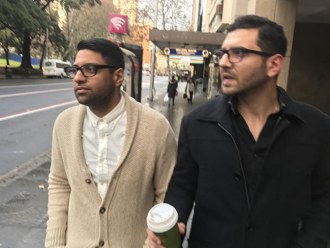 Richard (left) and Charlie (right) Sharobeem as they leave the NSW Independent Commission Against Corruption hearing today. Picture Emma Partridge.