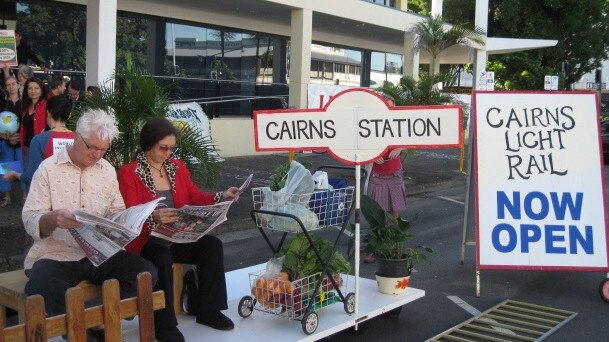 Cairns residents who are calling for better public transport built a Cairns light-rail station in the city to mark World Environment Day in 2009.